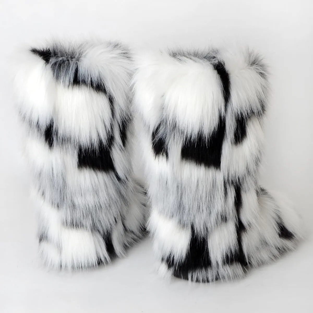 QMFUR Women's Furry Faux Fur Boots Fuzzy Fluffy Mid Calf Snow Boots Suede Warm Fur Lined Booties Flat Fashion Boots
