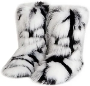 QMFUR Women's Furry Faux Fur Boots Fuzzy Fluffy Mid Calf Snow Boots Suede Warm Fur Lined Booties Flat Fashion Boots