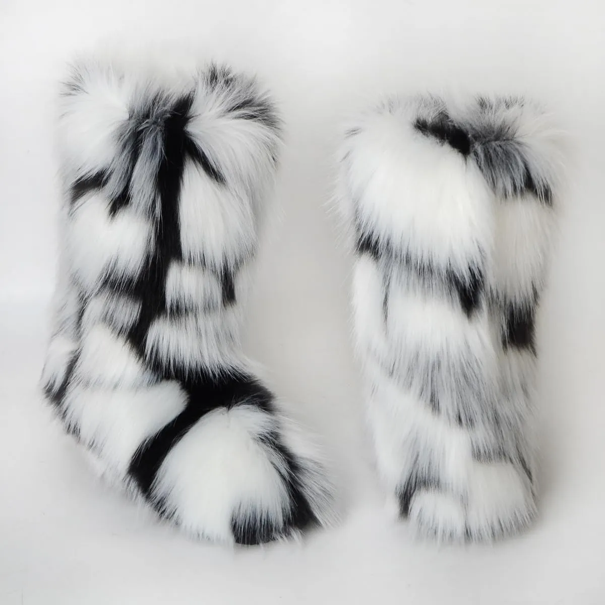 QMFUR Women's Furry Faux Fur Boots Fuzzy Fluffy Mid Calf Snow Boots Suede Warm Fur Lined Booties Flat Fashion Boots