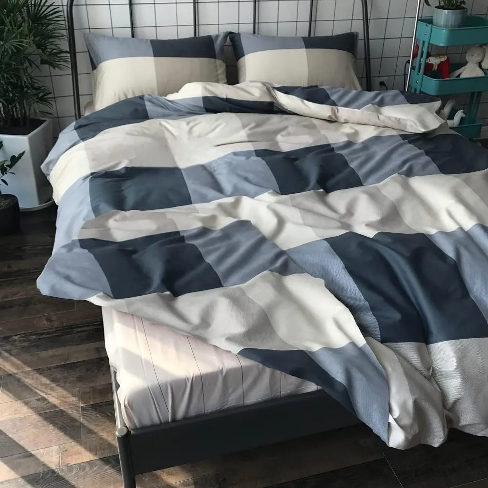 Queen Comforter Set Fluffy Plaid Checkered Pattern Comforter Set Modern Style Geometric Comforter with 2 Pillow Shams Grid Plaid Bedding Comforter for Boys Men All Season Queen Size Bed Comforter Set