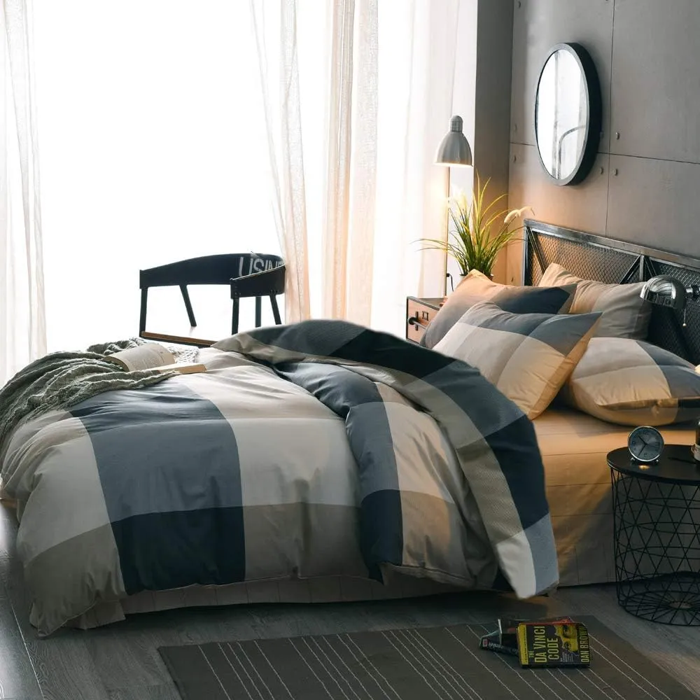 Queen Comforter Set Fluffy Plaid Checkered Pattern Comforter Set Modern Style Geometric Comforter with 2 Pillow Shams Grid Plaid Bedding Comforter for Boys Men All Season Queen Size Bed Comforter Set