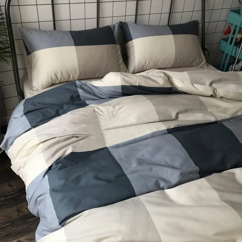 Queen Comforter Set Fluffy Plaid Checkered Pattern Comforter Set Modern Style Geometric Comforter with 2 Pillow Shams Grid Plaid Bedding Comforter for Boys Men All Season Queen Size Bed Comforter Set