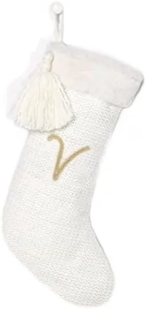 Queen of the Castle Luxe Knit Monogram Christmas Stocking White/Gold Letter (V)