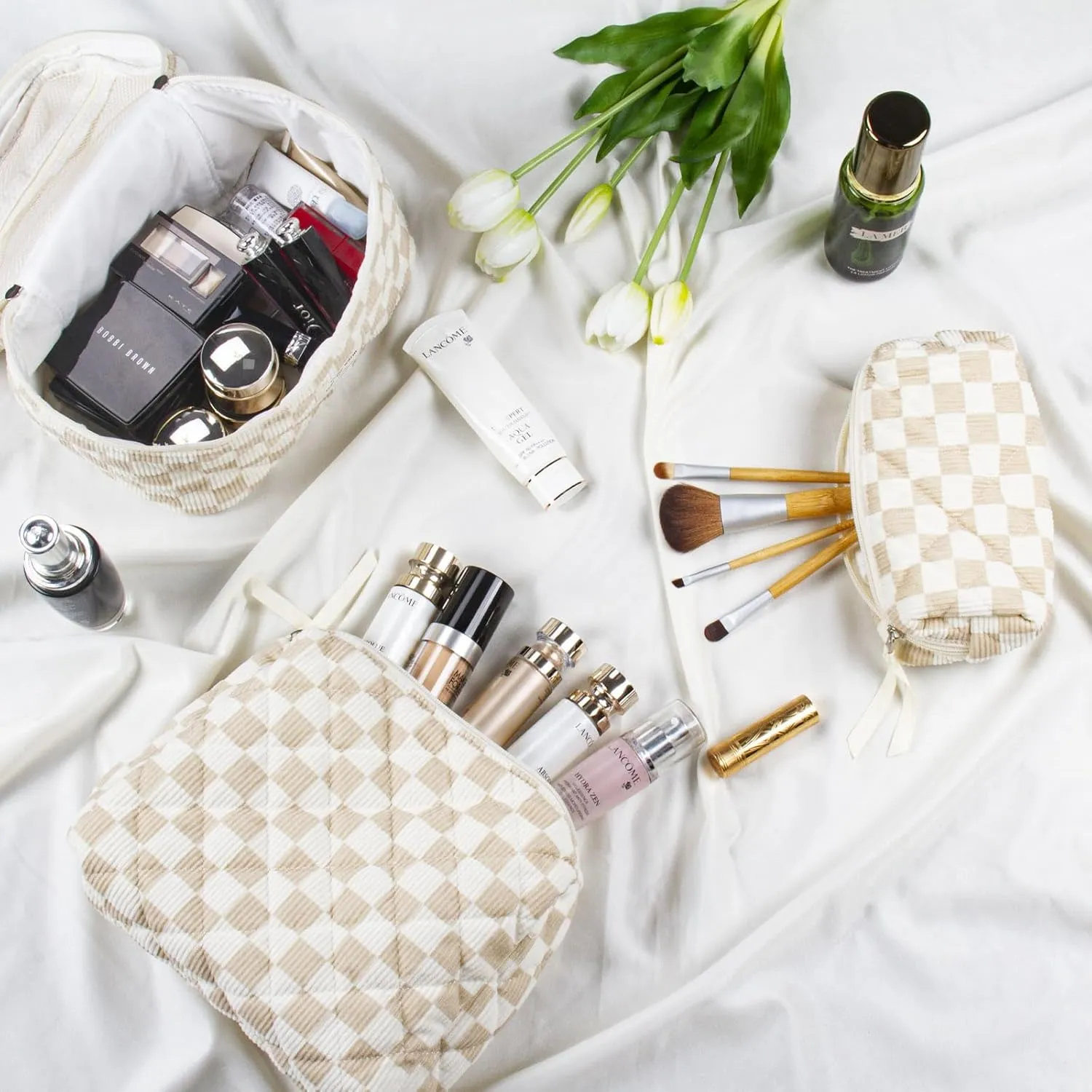 Quilted Makeup Bag Set, 3Pcs Large Checkered Corduroy Cosmetic Bags, Cute Coquette Makeup Bag Toiletry Zipper Pouch Bag for Women Checkered Mix Brown