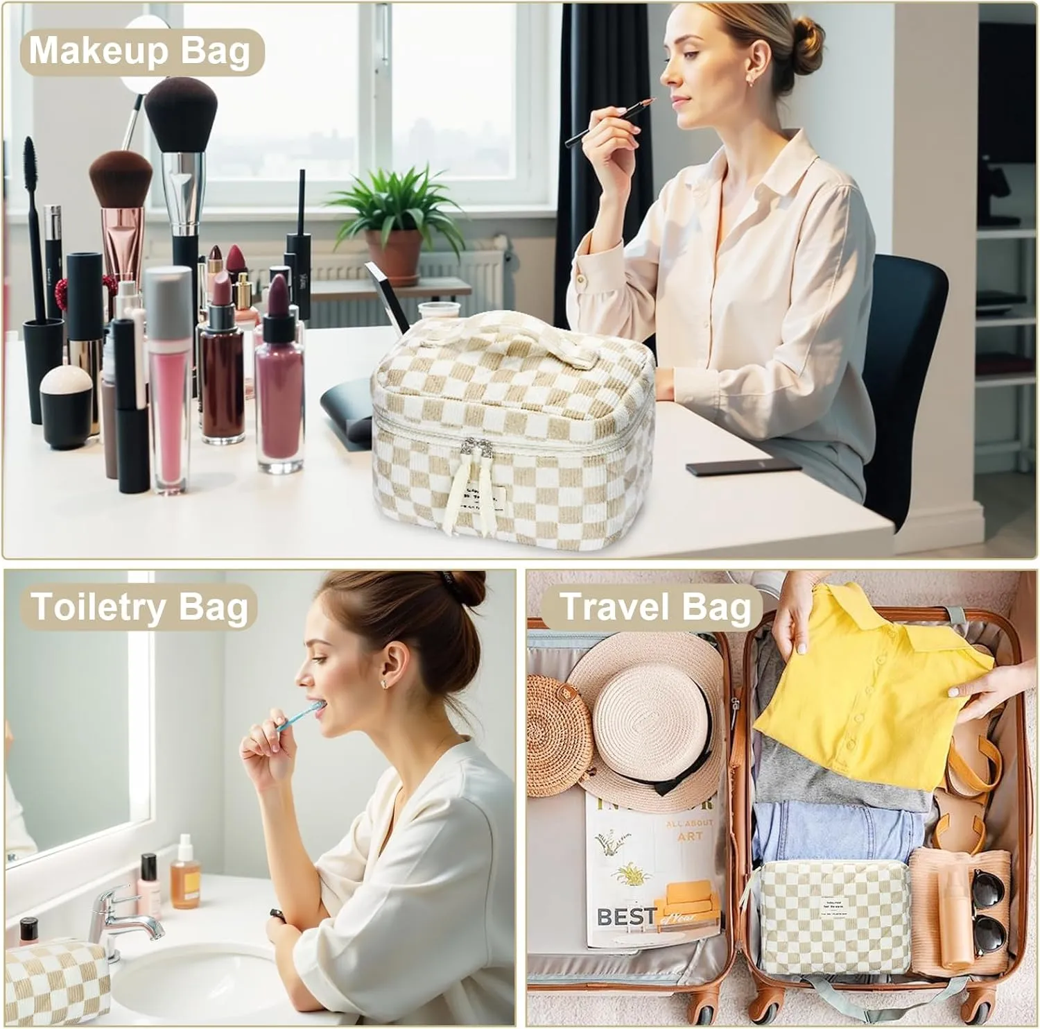 Quilted Makeup Bag Set, 3Pcs Large Checkered Corduroy Cosmetic Bags, Cute Coquette Makeup Bag Toiletry Zipper Pouch Bag for Women Checkered Mix Brown