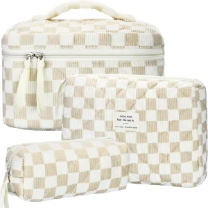 Quilted Makeup Bag Set, 3Pcs Large Checkered Corduroy Cosmetic Bags, Cute Coquette Makeup Bag Toiletry Zipper Pouch Bag for Women Checkered Mix Brown
