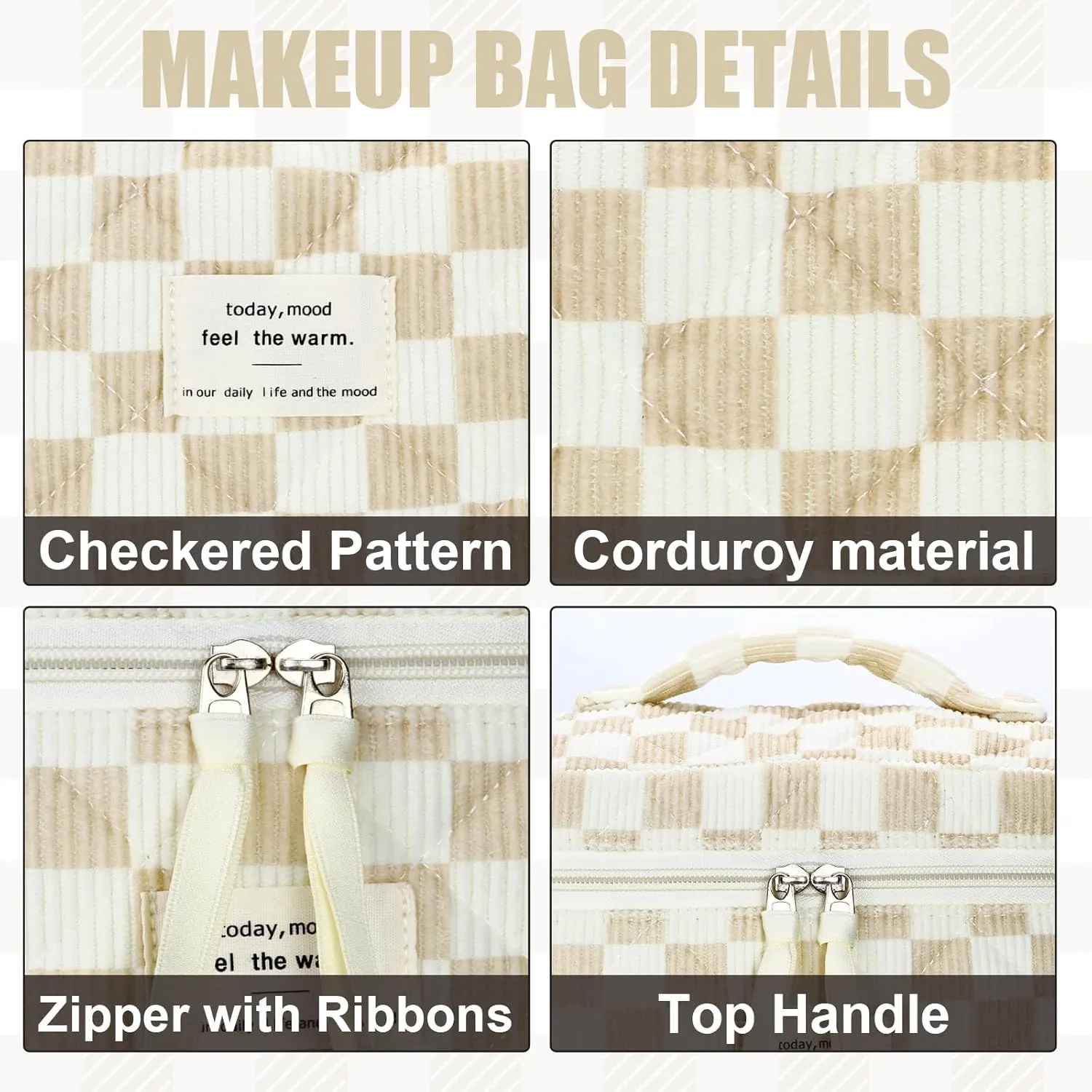 Quilted Makeup Bag Set, 3Pcs Large Checkered Corduroy Cosmetic Bags, Cute Coquette Makeup Bag Toiletry Zipper Pouch Bag for Women Checkered Mix Brown