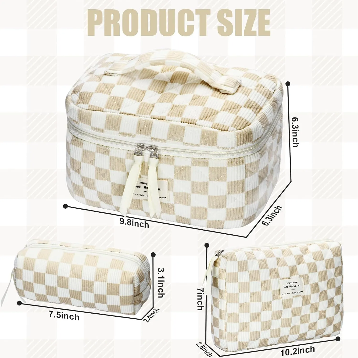 Quilted Makeup Bag Set, 3Pcs Large Checkered Corduroy Cosmetic Bags, Cute Coquette Makeup Bag Toiletry Zipper Pouch Bag for Women Checkered Mix Brown