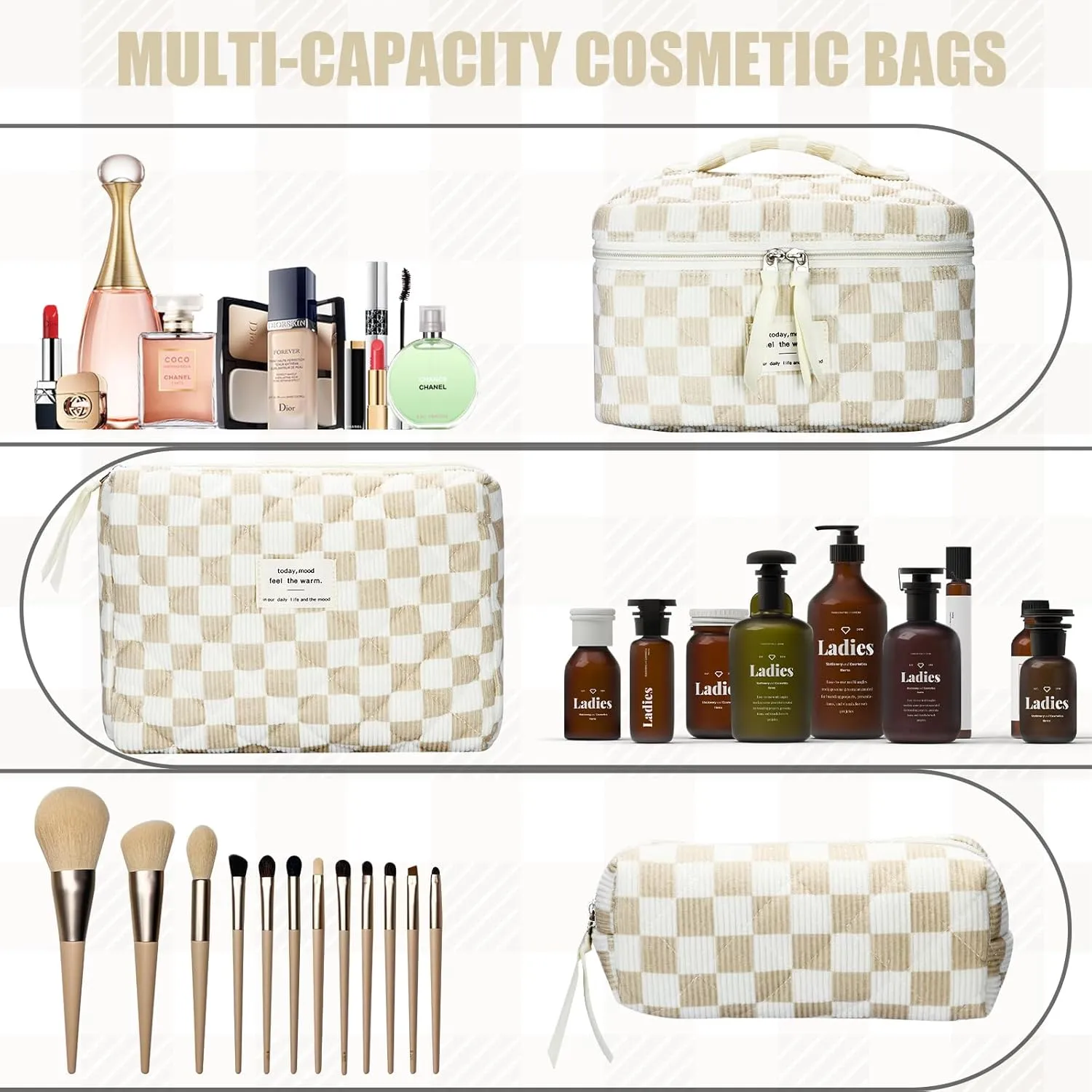Quilted Makeup Bag Set, 3Pcs Large Checkered Corduroy Cosmetic Bags, Cute Coquette Makeup Bag Toiletry Zipper Pouch Bag for Women Checkered Mix Brown