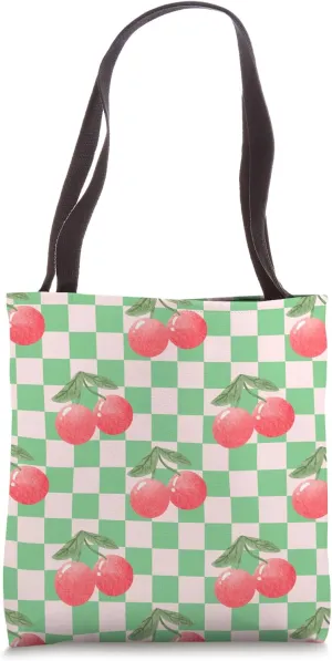 Retro Red Cherries on a Green with Pink Checkerboard Classic Tote Bag