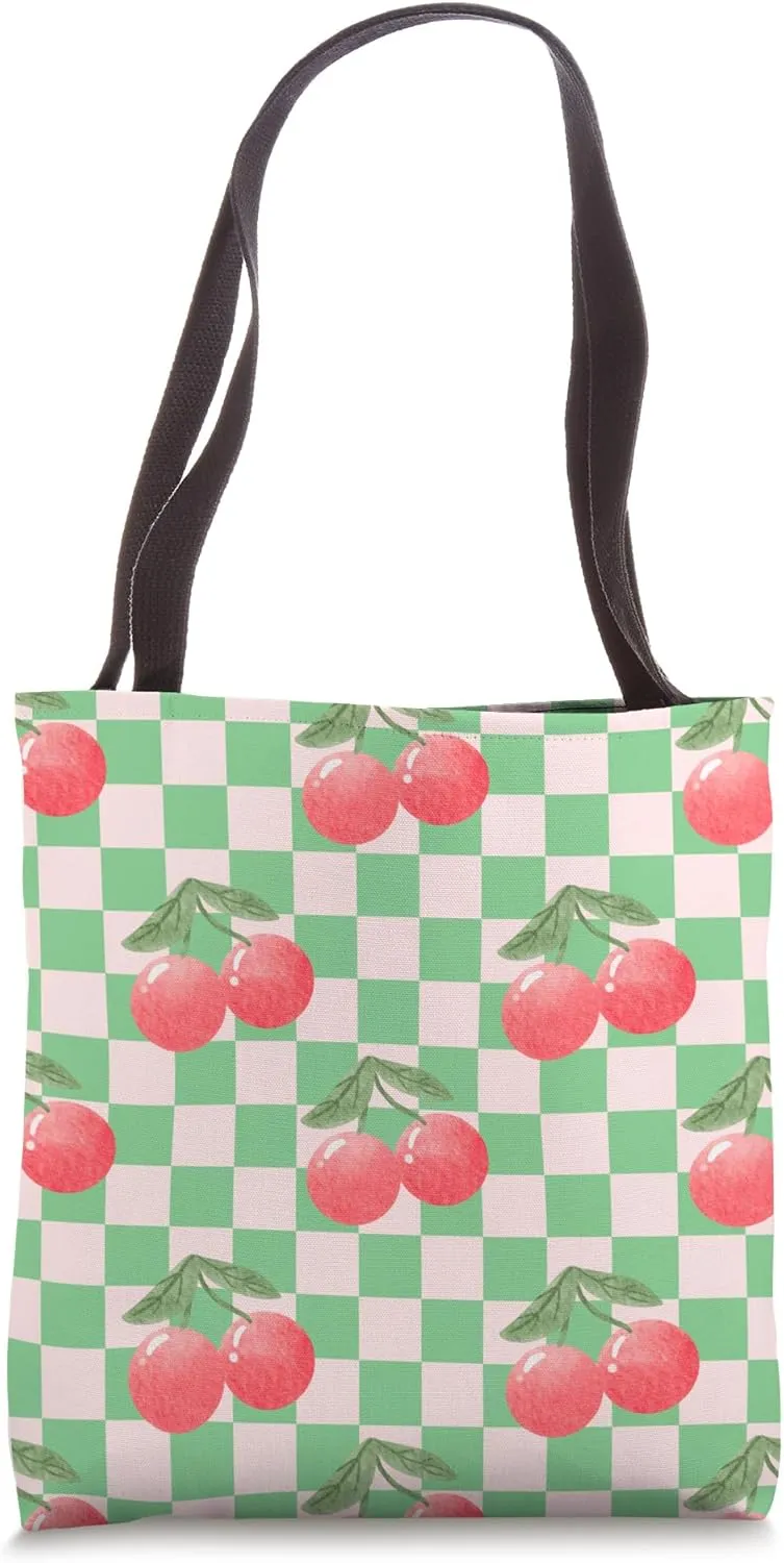 Retro Red Cherries on a Green with Pink Checkerboard Classic Tote Bag
