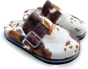 Sade Moo Cow Print Slip On Clogs, Premium Faux Fur Lined, Structured Soles, Wide Fit, Brown