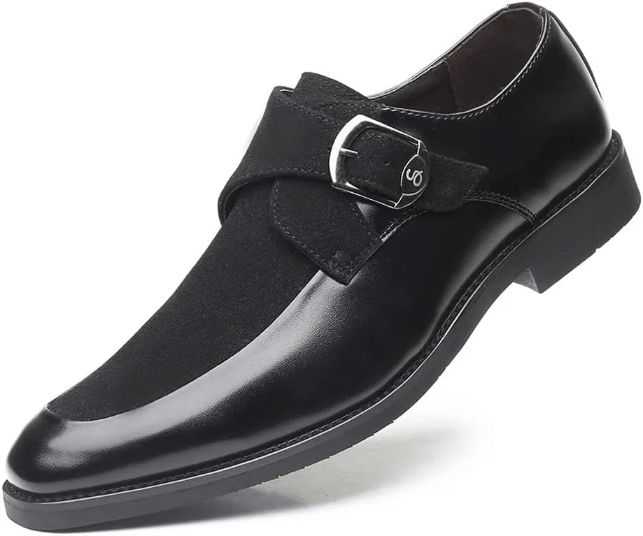 Santimon Mens Leather Monk Strap Slip-On Oxfords Formal Loafer Square Toe Classic Casual Shoes
