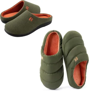 Set of 2 Pairs - Men's Size 9-10, Original Two-Tone Memory Foam Slipper (Hunter Green) Campground Memory Foam Down Slipper (Hunter Green)