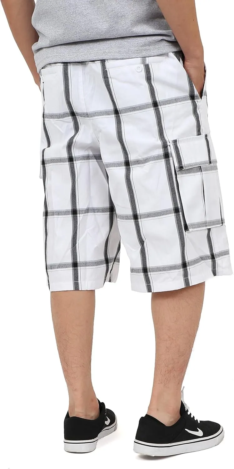 Shaka Mens Plaid Shorts Checkered Cargo Cotton Loose Fit Pocket S-5XL Solid