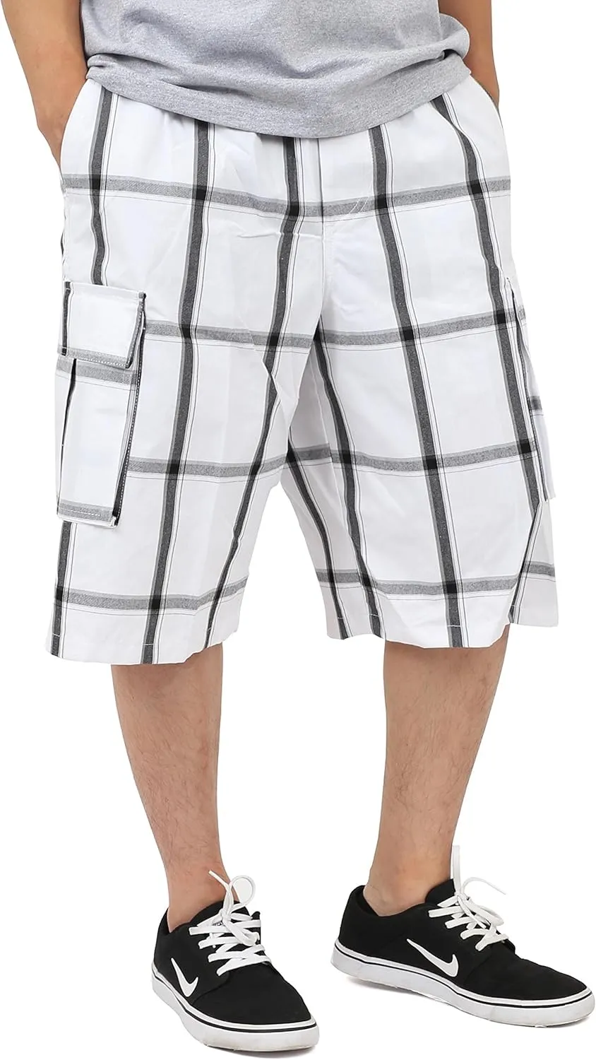 Shaka Mens Plaid Shorts Checkered Cargo Cotton Loose Fit Pocket S-5XL Solid