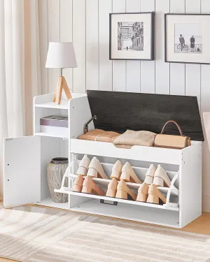 Shoe Storage Bench, Shoe Cabinet with Flip Drawer, 39.4'' Shoe Bench, Farmhouse Entryway Bench, Storage Bench with Side Cabinet and Lift-Off Storage Box, White Charcoal Black MHX01WC