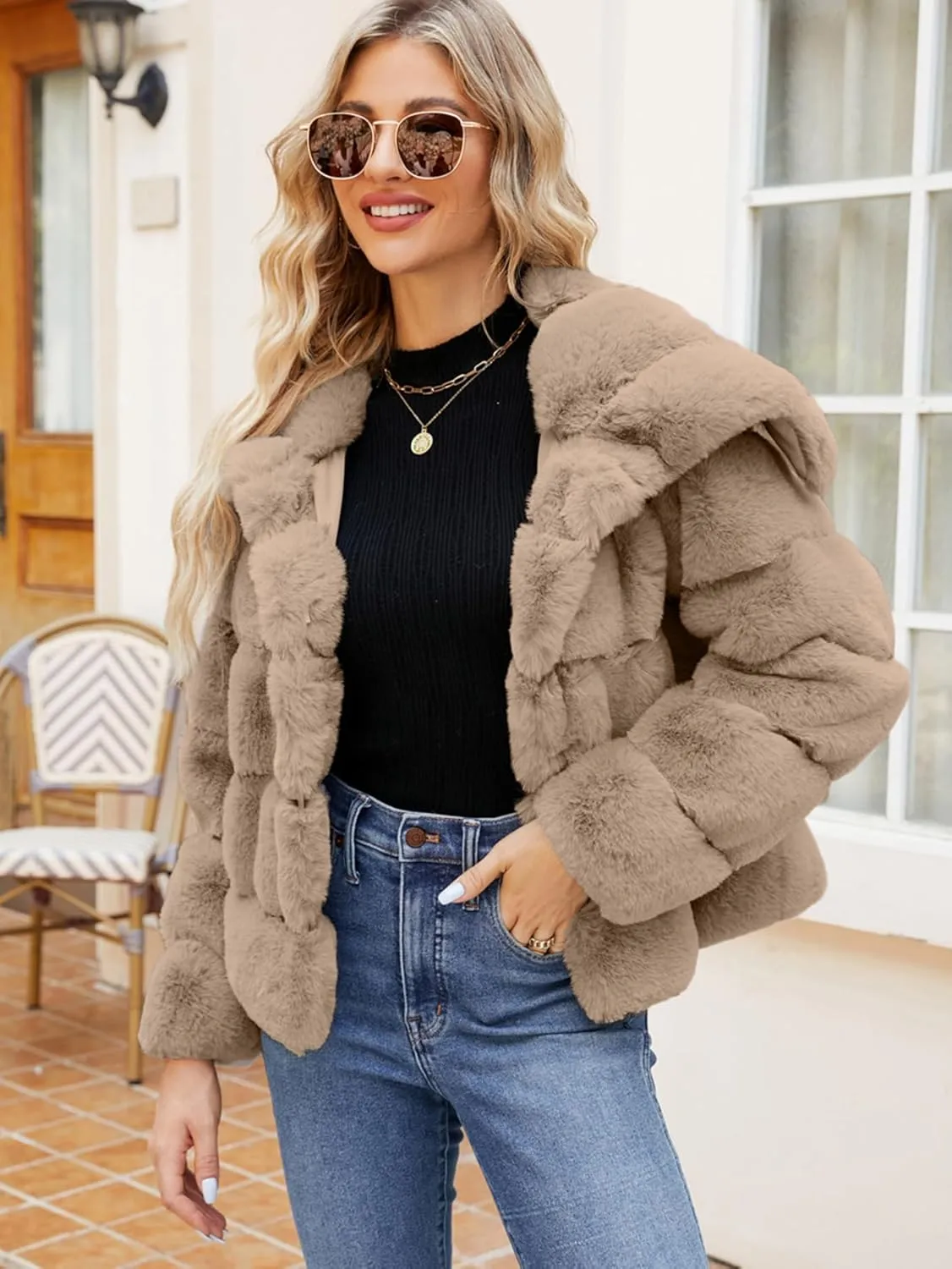 Simplee Apparel Womens Faux Fur Coat Fleece Cropped Jacket Long Sleeve Fur Coats Warm Winter Jackets 2024