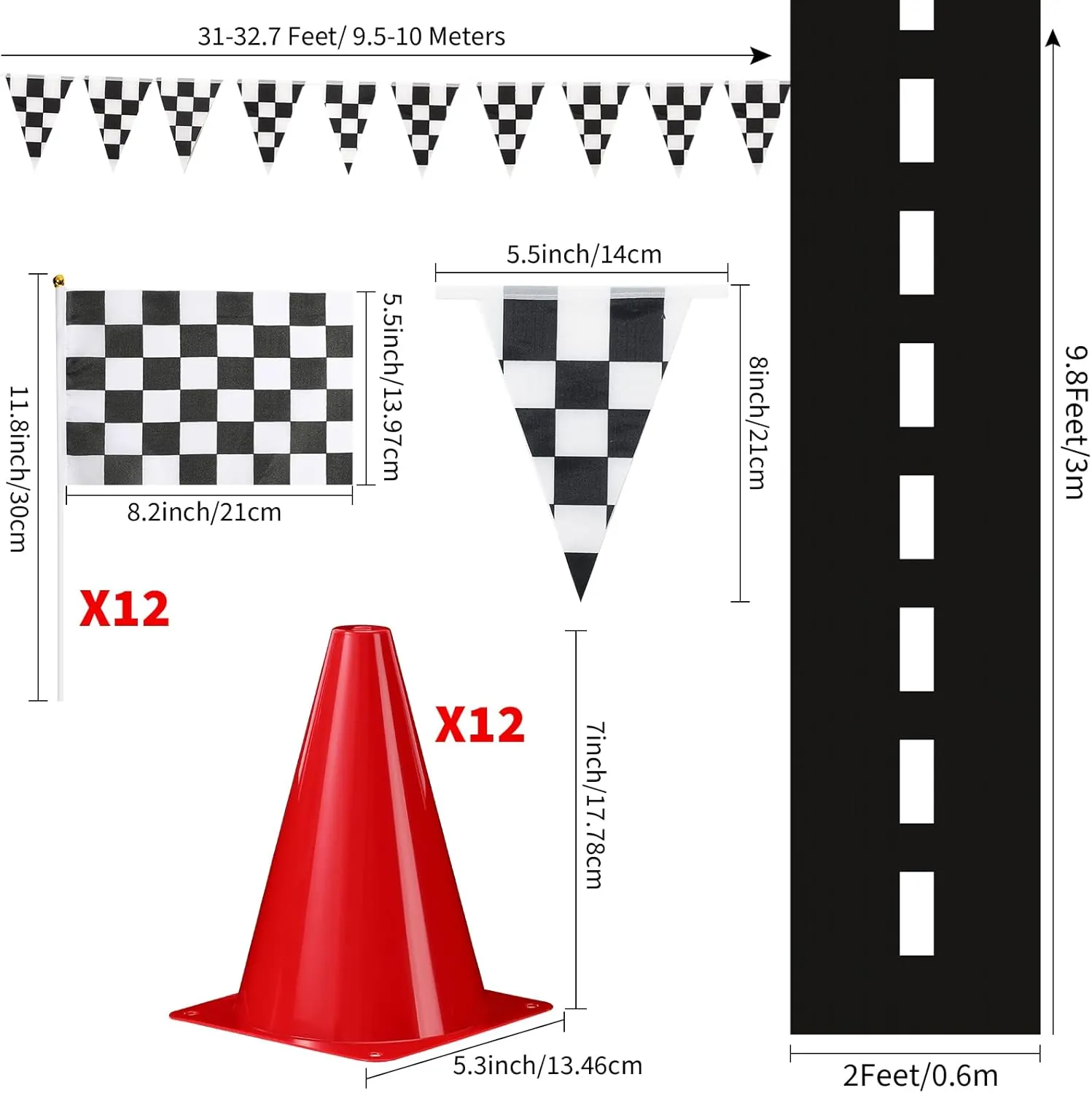 Skylety Traffic Cones and Racing Checkered Flags Set-include 12 Plastic Traffic Cones,12 Flags with Sticks,31 ft Checkered Pennant Banner and 9.8 x 2 ft Racetrack Floor Running Mat