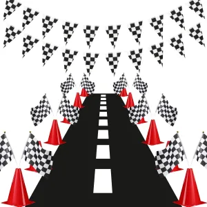 Skylety Traffic Cones and Racing Checkered Flags Set-include 12 Plastic Traffic Cones,12 Flags with Sticks,31 ft Checkered Pennant Banner and 9.8 x 2 ft Racetrack Floor Running Mat