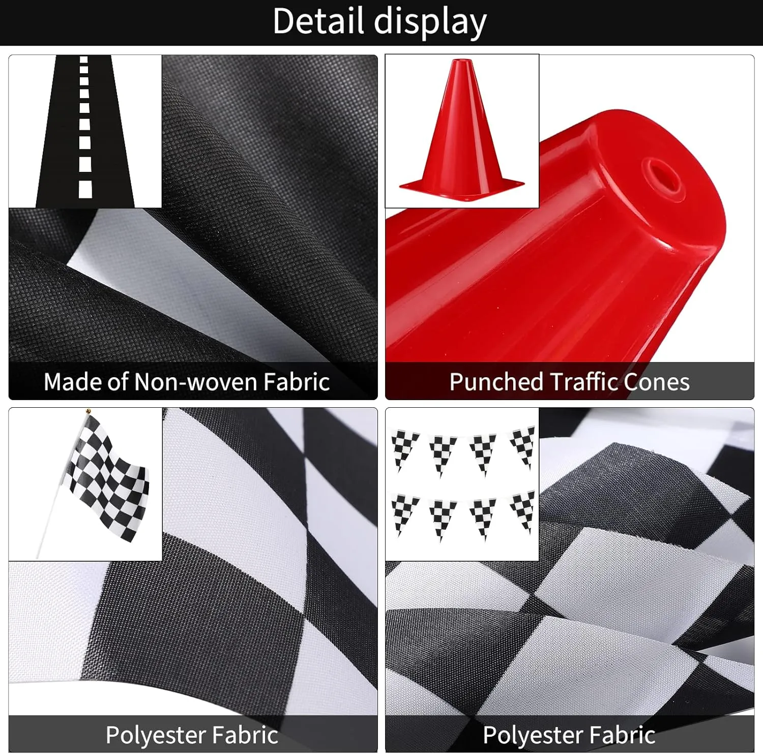 Skylety Traffic Cones and Racing Checkered Flags Set-include 12 Plastic Traffic Cones,12 Flags with Sticks,31 ft Checkered Pennant Banner and 9.8 x 2 ft Racetrack Floor Running Mat
