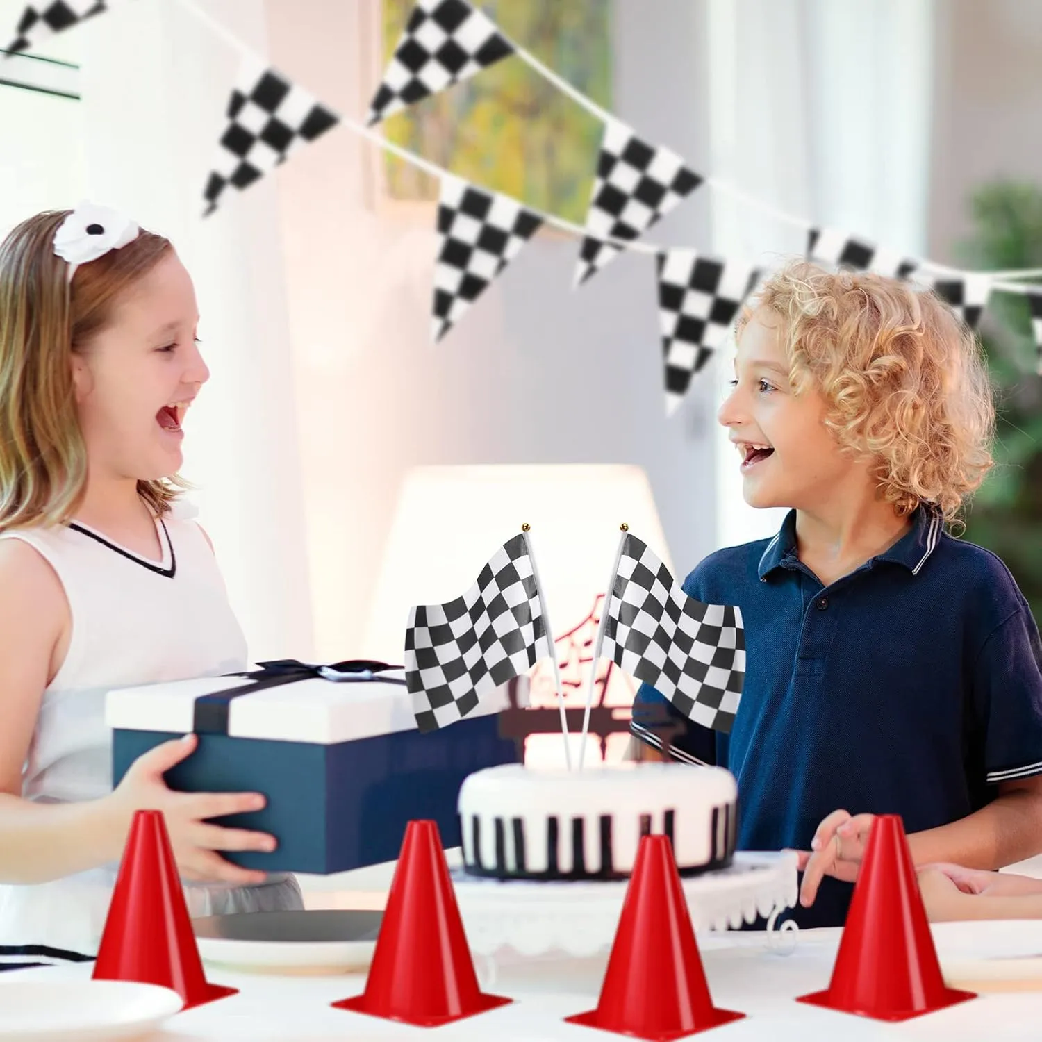 Skylety Traffic Cones and Racing Checkered Flags Set-include 12 Plastic Traffic Cones,12 Flags with Sticks,31 ft Checkered Pennant Banner and 9.8 x 2 ft Racetrack Floor Running Mat