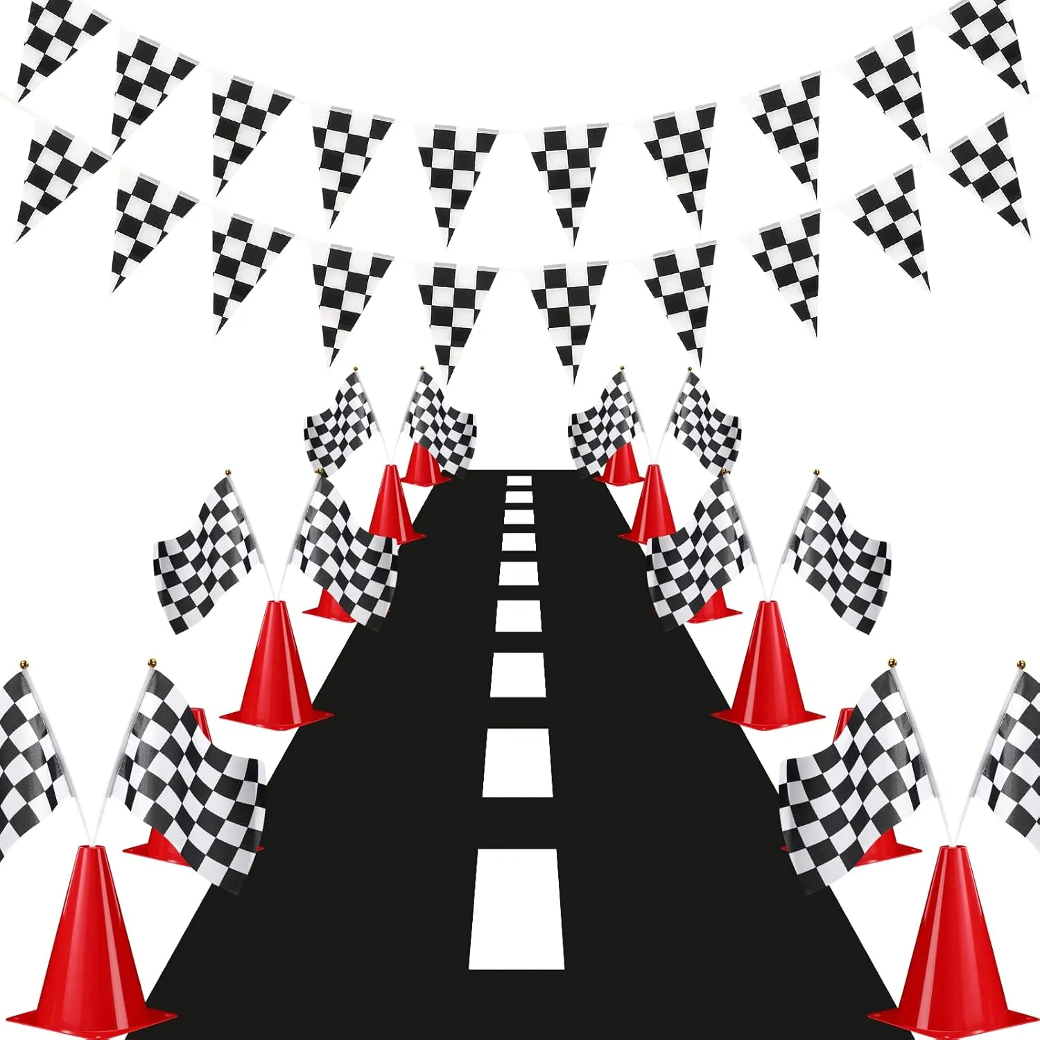 Skylety Traffic Cones and Racing Checkered Flags Set-include 12 Plastic Traffic Cones,12 Flags with Sticks,31 ft Checkered Pennant Banner and 9.8 x 2 ft Racetrack Floor Running Mat