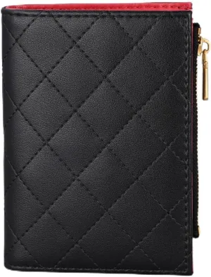 Slim Bi-fold Checkered Quilted Leather Wallet | Classic Minimalist Style w. ID Window/Card Slot/Bill Holder/Zip Coin Pocket for Women (Black Quilted)