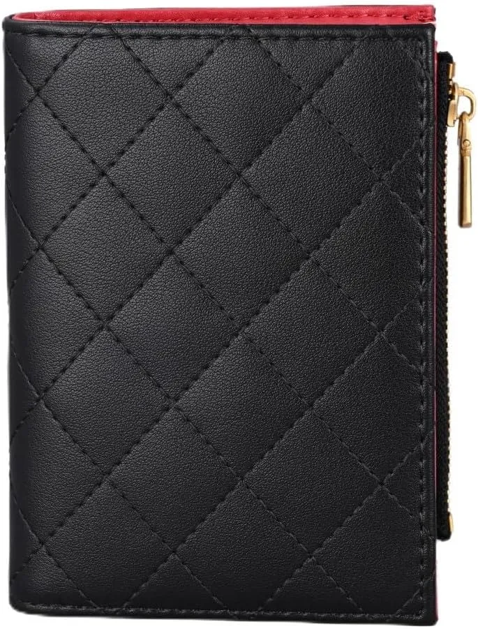 Slim Bi-fold Checkered Quilted Leather Wallet | Classic Minimalist Style w. ID Window/Card Slot/Bill Holder/Zip Coin Pocket for Women (Black Quilted)