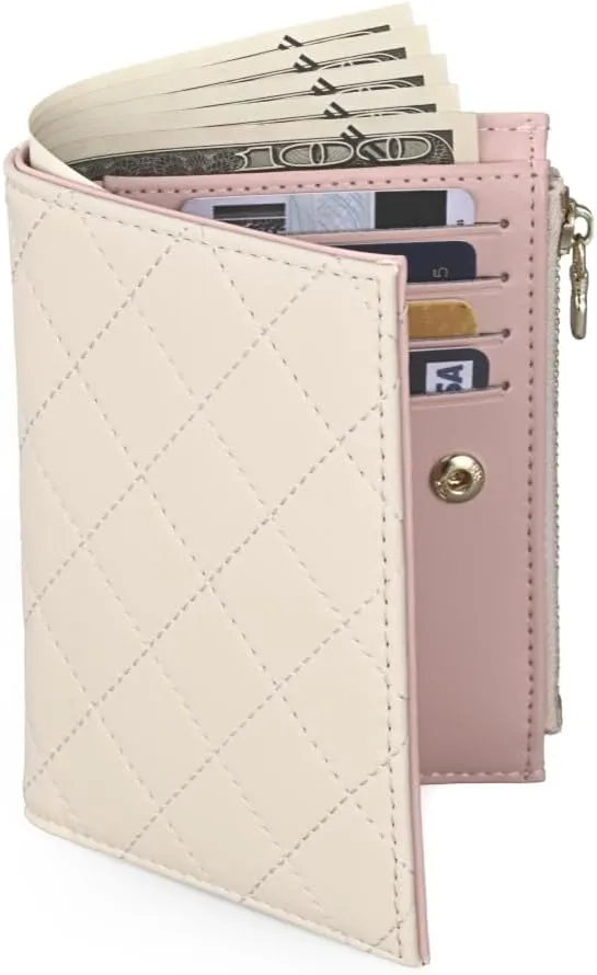 Slim Bi-fold Checkered Quilted Leather Wallet | Classic Minimalist Style w. ID Window/Card Slot/Bill Holder/Zip Coin Pocket for Women (Cream Quilted)