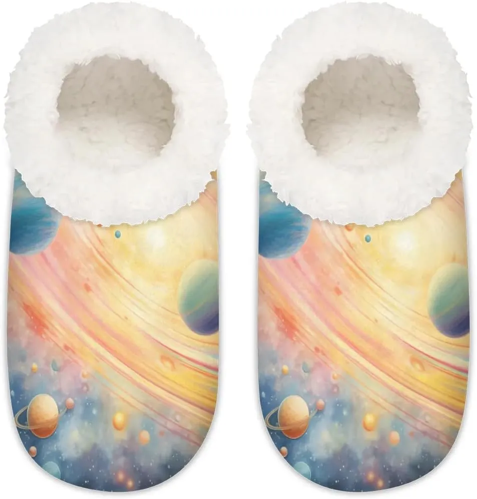 Slippers for Women Solar System Galaxy Warm Soft Cozy Warm House Slipper With Fuzzy Closed Back Anti-Slip Memory Foam Non Slip Sole for Indoor Bedroom Winter Ladies Shoes Medium 7-8