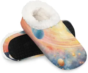 Slippers for Women Solar System Galaxy Warm Soft Cozy Warm House Slipper With Fuzzy Closed Back Anti-Slip Memory Foam Non Slip Sole for Indoor Bedroom Winter Ladies Shoes Medium 7-8