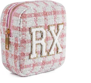 Small Medicine Bag for Travel, Personalized RX Chenille Letters Checkered Pouch for Women and Girls, Cute Meds Drug Makeup Bags with Zipper (02Pink Checkered)