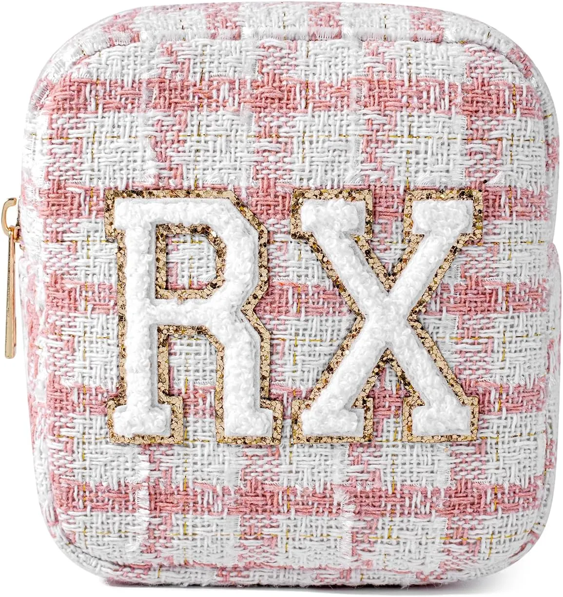 Small Medicine Bag for Travel, Personalized RX Chenille Letters Checkered Pouch for Women and Girls, Cute Meds Drug Makeup Bags with Zipper (02Pink Checkered)