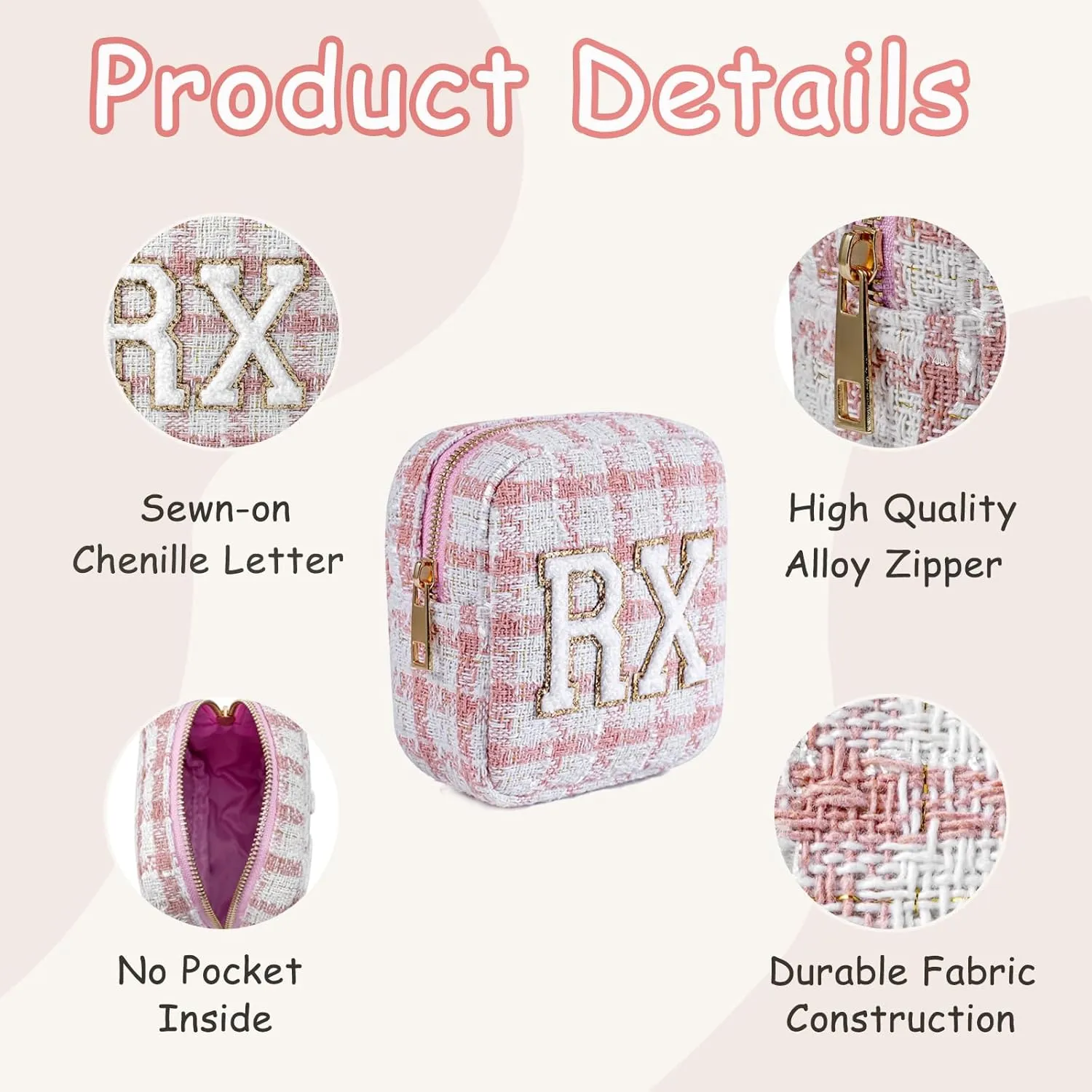 Small Medicine Bag for Travel, Personalized RX Chenille Letters Checkered Pouch for Women and Girls, Cute Meds Drug Makeup Bags with Zipper (02Pink Checkered)