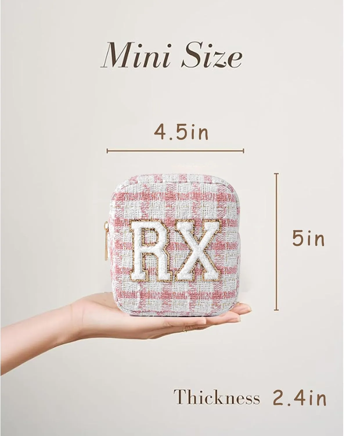 Small Medicine Bag for Travel, Personalized RX Chenille Letters Checkered Pouch for Women and Girls, Cute Meds Drug Makeup Bags with Zipper (02Pink Checkered)