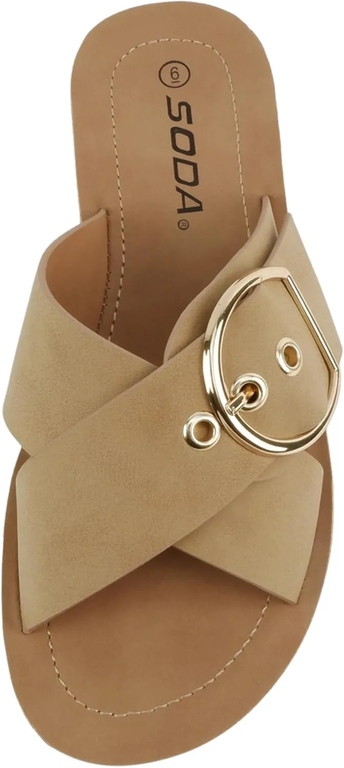 Soda Carol ~ Women Open Toe Crisscross Buckle Flat Sandals