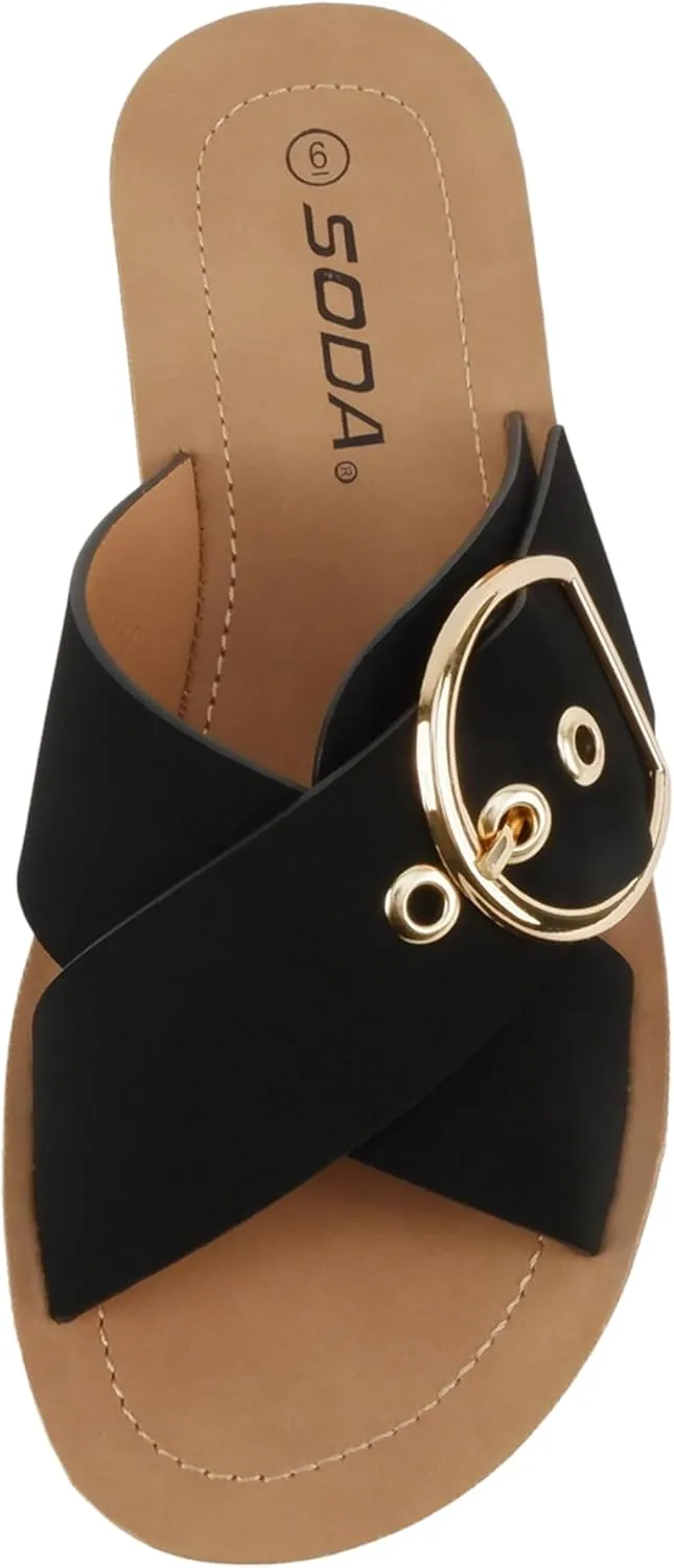 Soda Carol ~ Women Open Toe Crisscross Buckle Flat Sandals