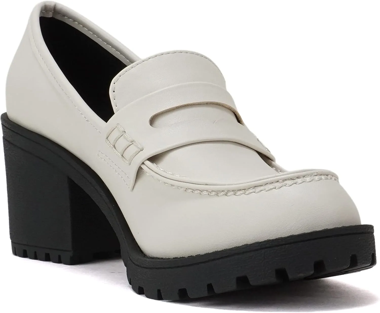 Soda “Kinder” ~ Women Slip On Chunky Mid Heel Lug Sole Penny Loafer Shoe