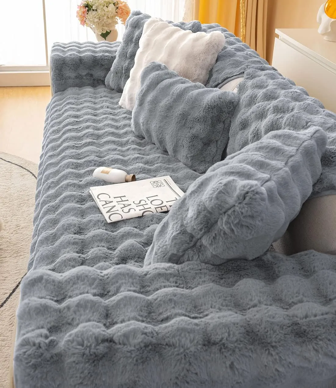 Soft Warm Faux Fur Couch Sofa Cover Thick Shaggy Fuzzy Sectional Couch Cover Non-Slip Solid Color Plush Sofa Slipcover Furniture Protector for Kids, Pets (Dark Grey,43"x94")