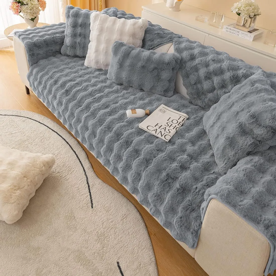 Soft Warm Faux Fur Couch Sofa Cover Thick Shaggy Fuzzy Sectional Couch Cover Non-Slip Solid Color Plush Sofa Slipcover Furniture Protector for Kids, Pets (Dark Grey,43"x94")