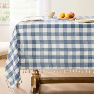 Softalker Checkered Tablecloth Rectangle, Heavy Weight Linen Cotton Gingham Boho Table Cloth with Tassel, Washable Wrinkle Free Buffalo Plaid Table Cover for Dining/Party/Outdoor - 55 x 84 Inch, Blue