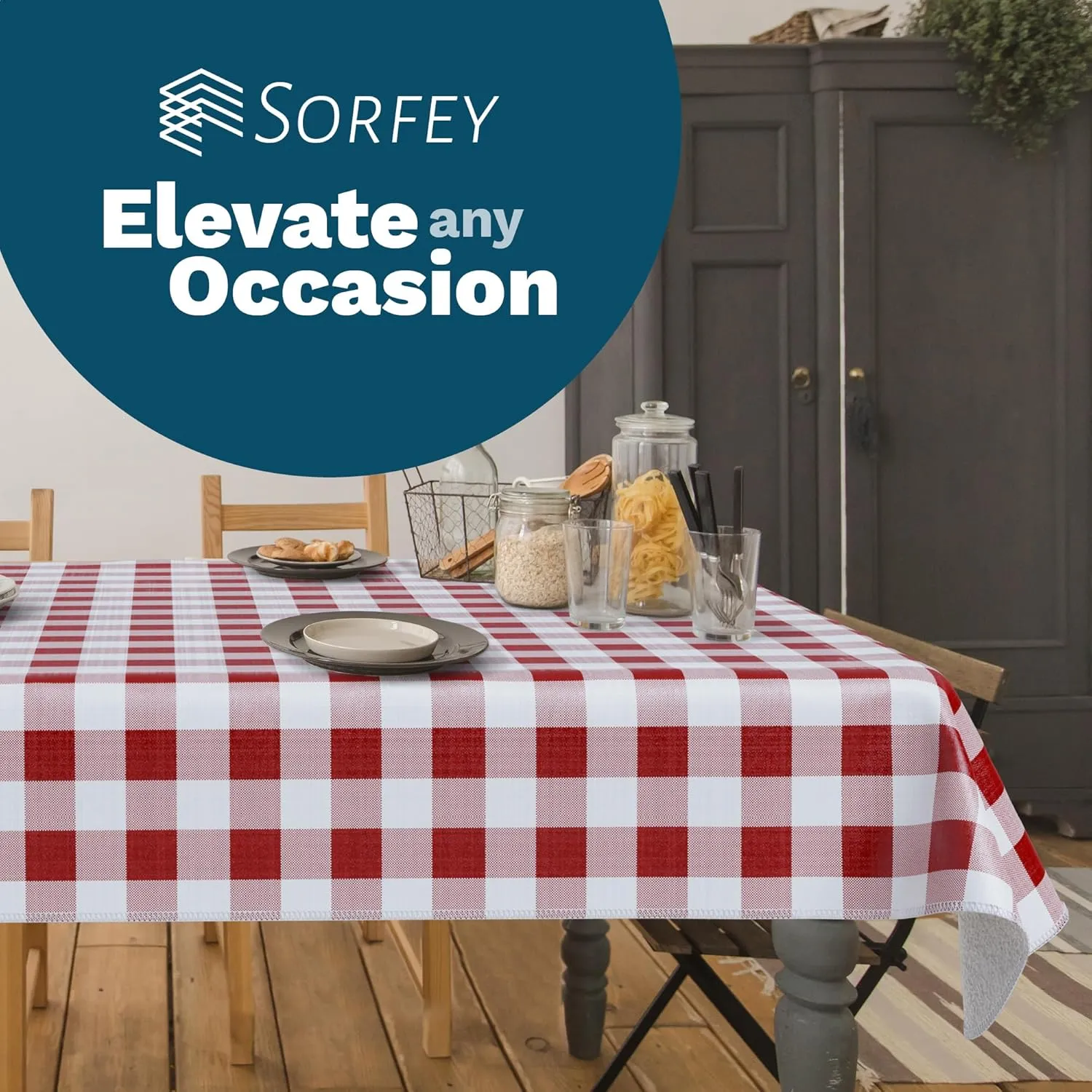 Sorfey Tablecloth - Vinyl with Flannel Back, 60"x84" Rectangle, Water Proof, Easy to Clean, Checked Green Design
