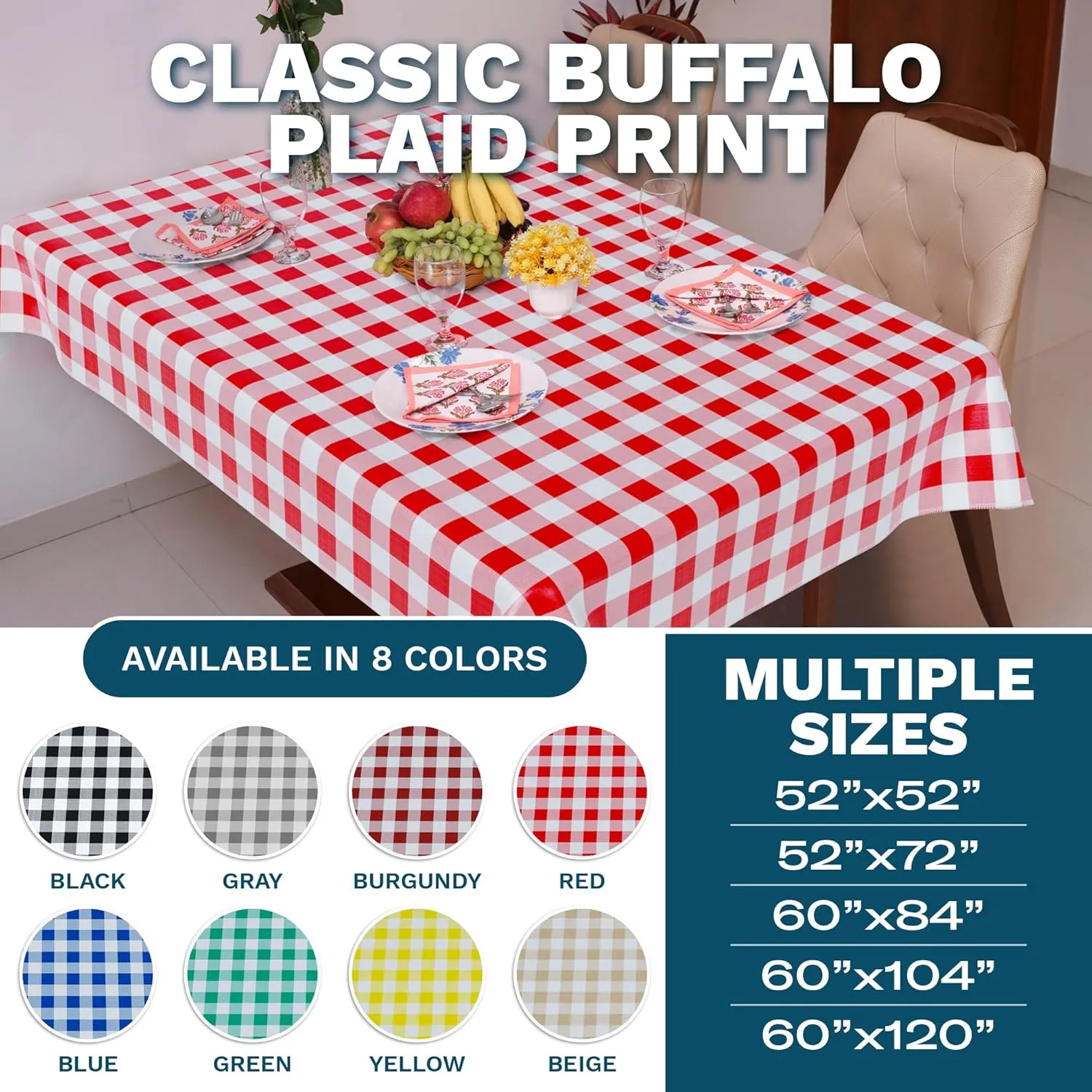 Sorfey Tablecloth - Vinyl with Flannel Back, 60"x84" Rectangle, Water Proof, Easy to Clean, Checked Green Design