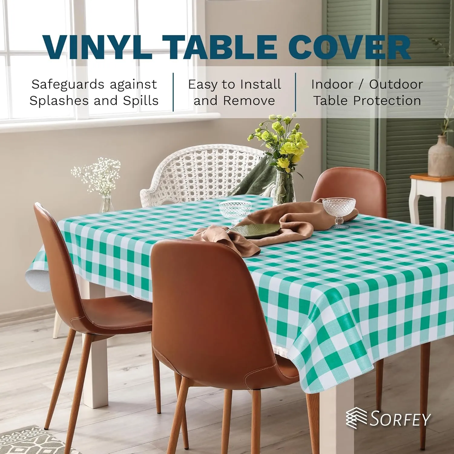 Sorfey Tablecloth - Vinyl with Flannel Back, 60"x84" Rectangle, Water Proof, Easy to Clean, Checked Green Design