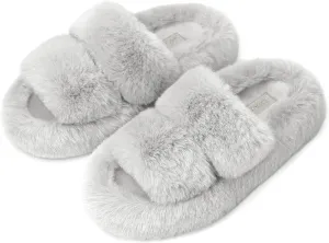 SOULROSE Women's Slippers Open Toe Memory Foam House Slippers for Women Fuzzy Furry Comfy Faux Fur Bedroom Platform Indoor Outdoor Slide Shoes with Anti-Slip Sole Womens Gift Slippers