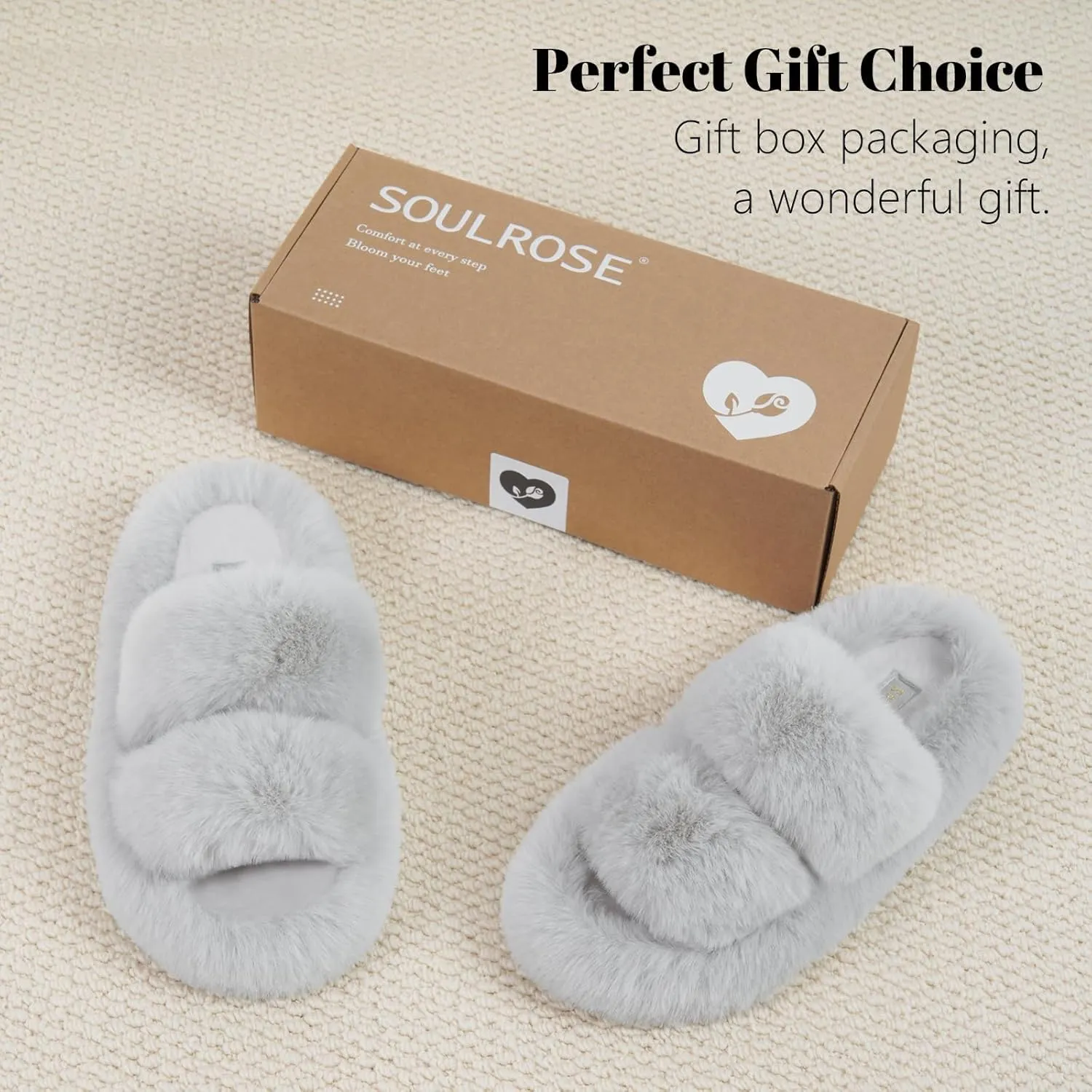 SOULROSE Women's Slippers Open Toe Memory Foam House Slippers for Women Fuzzy Furry Comfy Faux Fur Bedroom Platform Indoor Outdoor Slide Shoes with Anti-Slip Sole Womens Gift Slippers