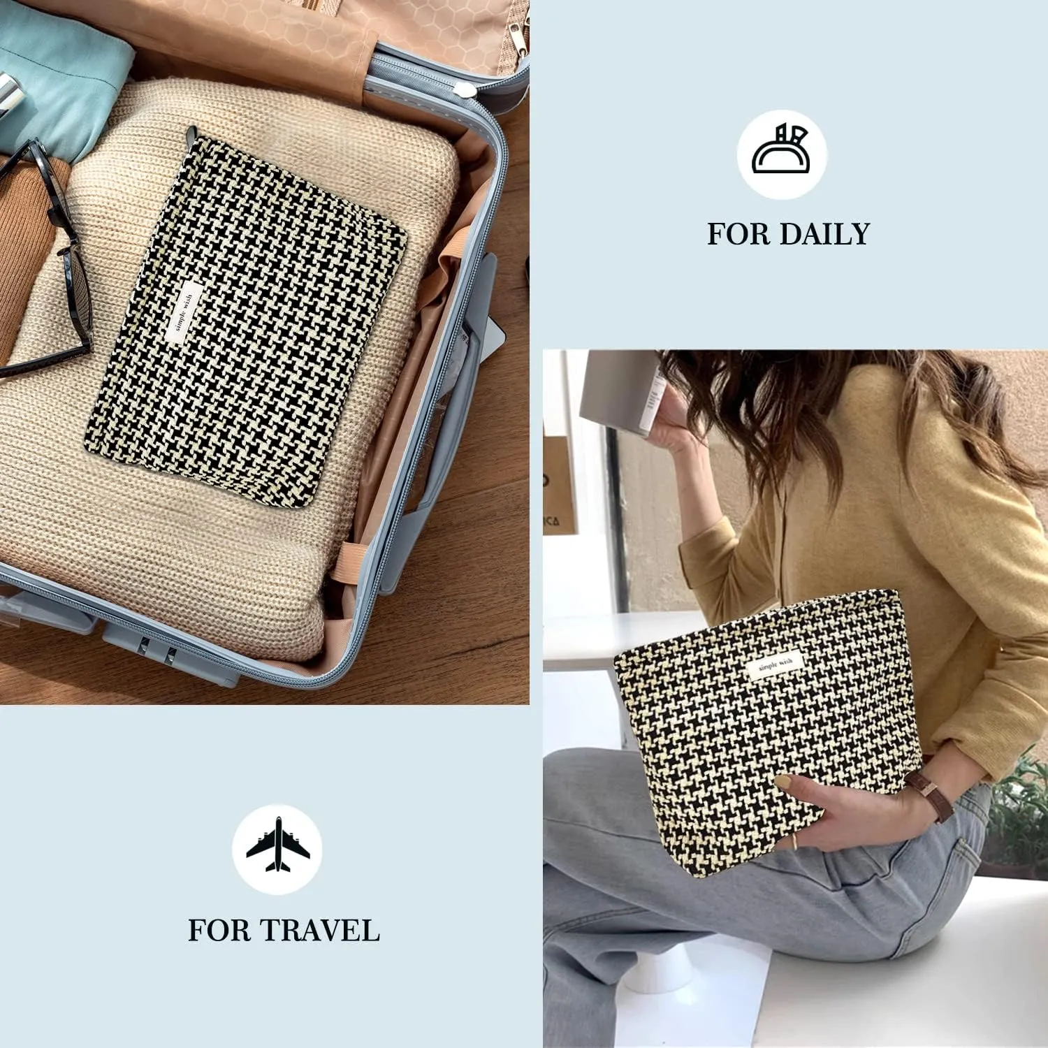 STARDW Parallel Checkered Makeup Bag Cute Cosmetic Bags for Women Girls, Travel Toiletry Bag Large Capacity Zipper Makeup Pouch, Purse Organizer Pouches(Checkered)