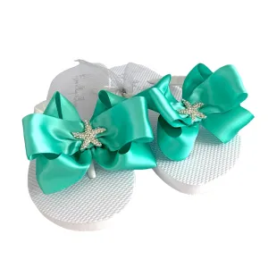 Starfish Rhinestone Bow Wedge Platform Sandals, Tropic Teal Green Satin Bow or Choose your Color, Flat or Heel in White & Ivory, Wedding