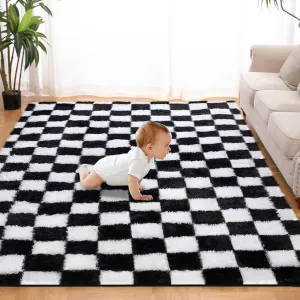 Super Soft Black and White Area Rug, 5x7 Ft Classic Checkered Shaggy High Pile Fluffy Fuzzy Carpet for Bedroom, Living Room, Kids Room, Nursery, Dorm, Home Decor